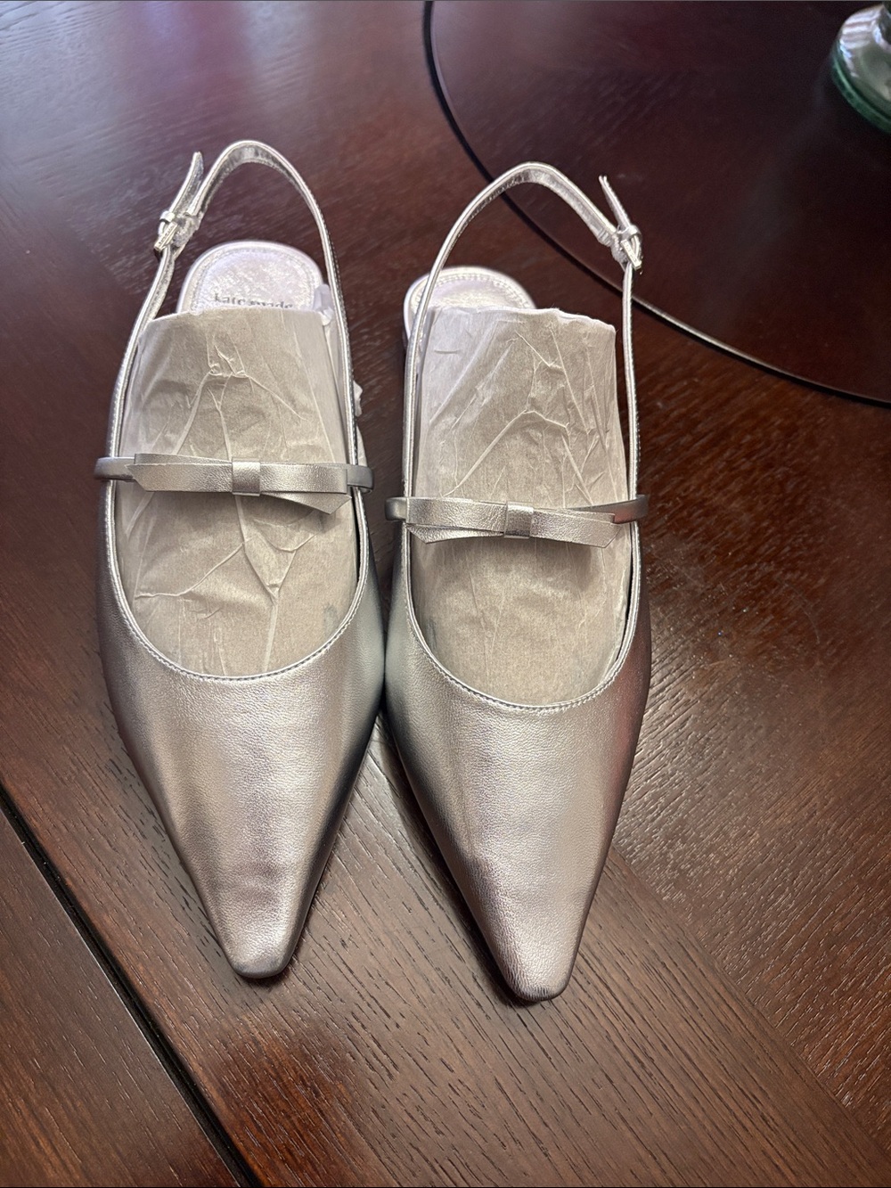 kate spade Silver Pointed Slingback Flats with Bow Detail